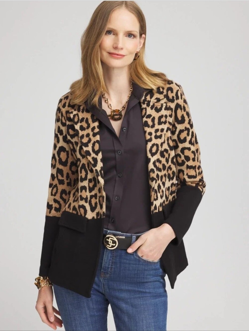 Chico's Color Block Leopard Sweater Blazer
